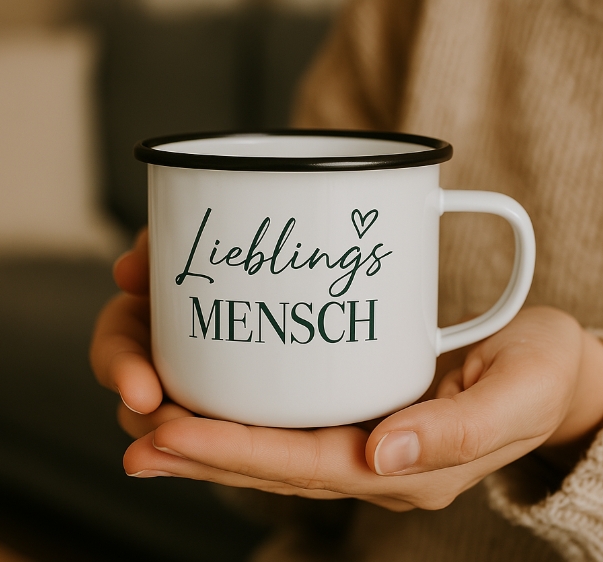 Emailletasse mit farbigem Rand bedrucken